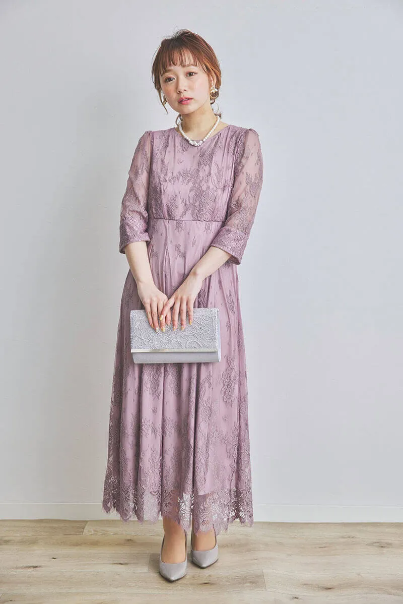 ピンクラベンダーのフローラルレースドレス