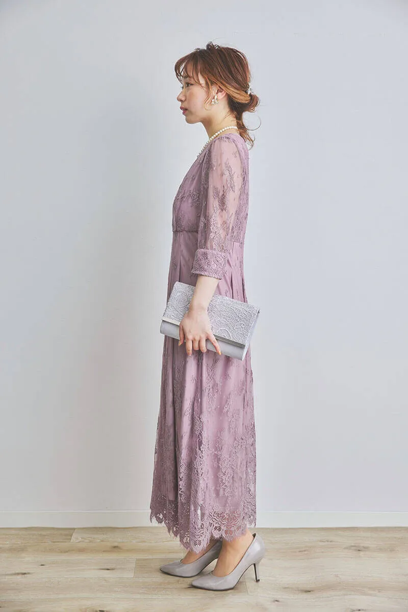 ピンクラベンダーのフローラルレースドレス