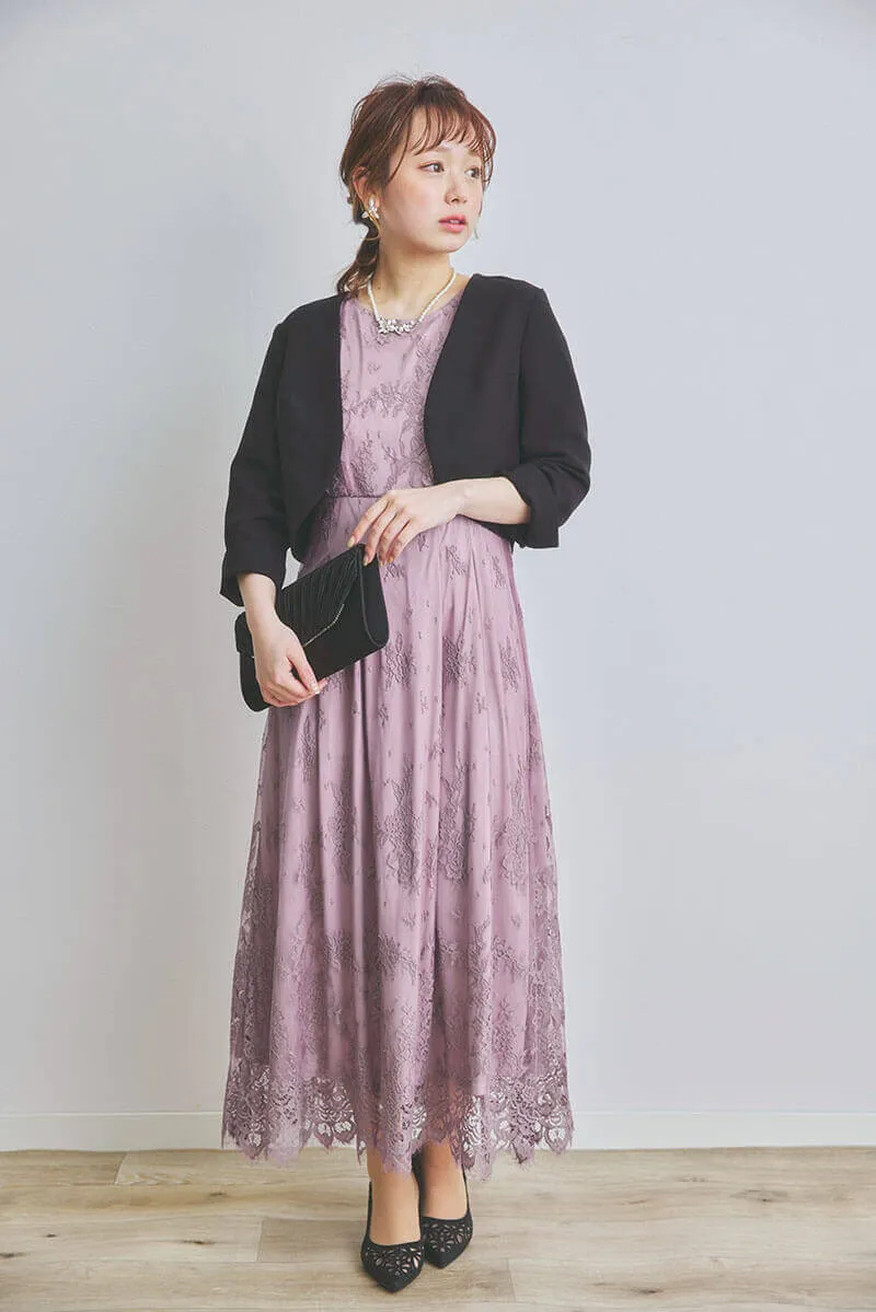 ピンクラベンダーのフローラルレースドレス