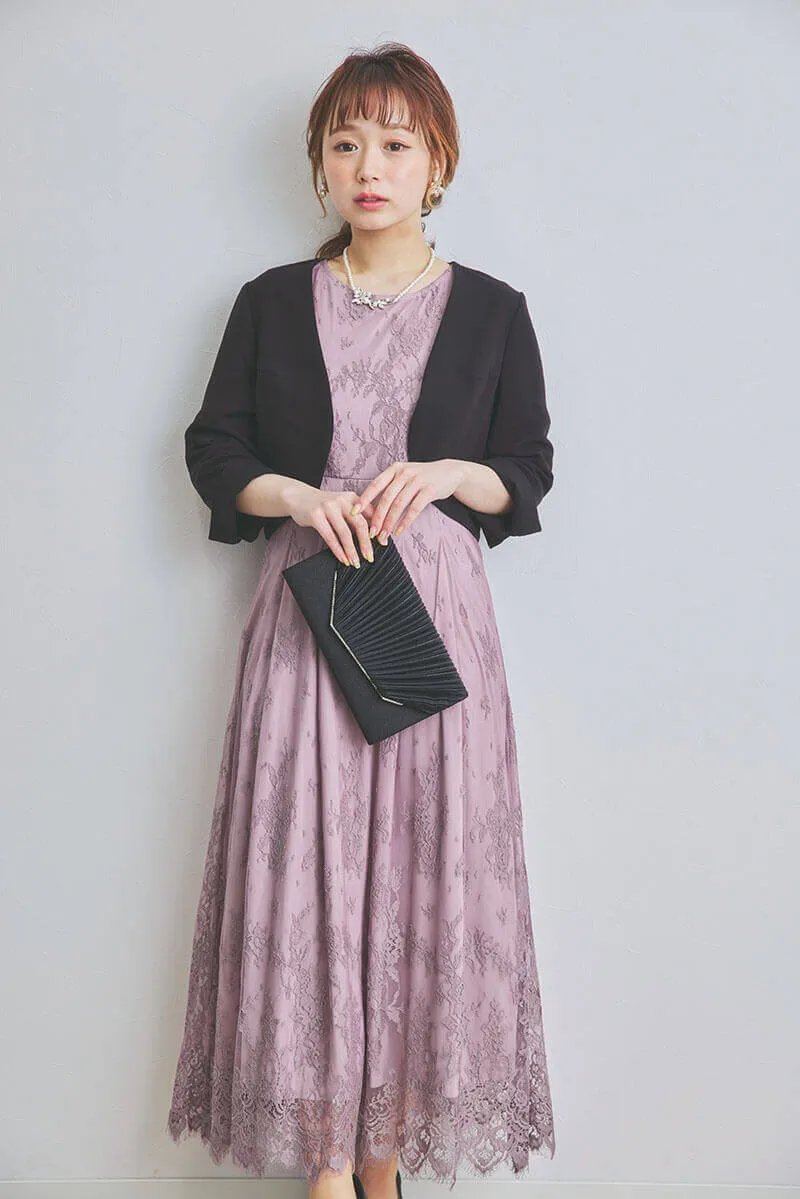 ピンクラベンダーのフローラルレースドレス