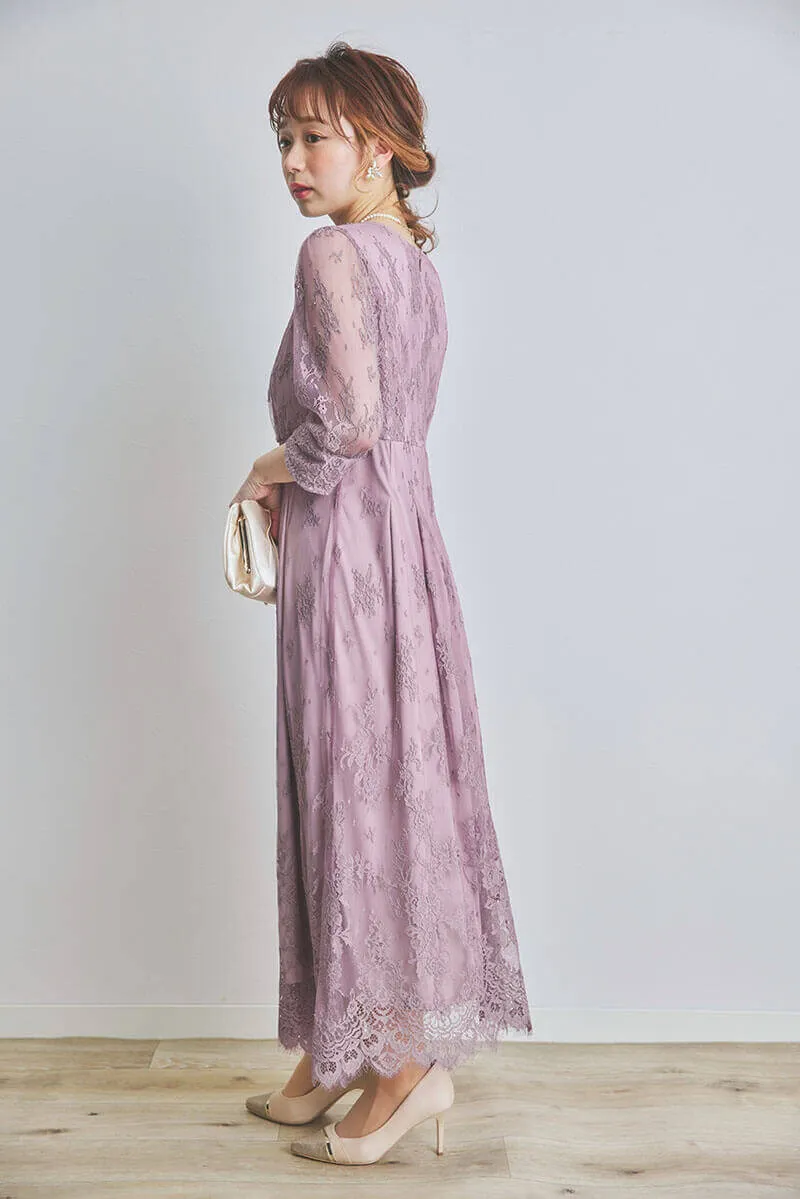 ピンクラベンダーのフローラルレースドレス