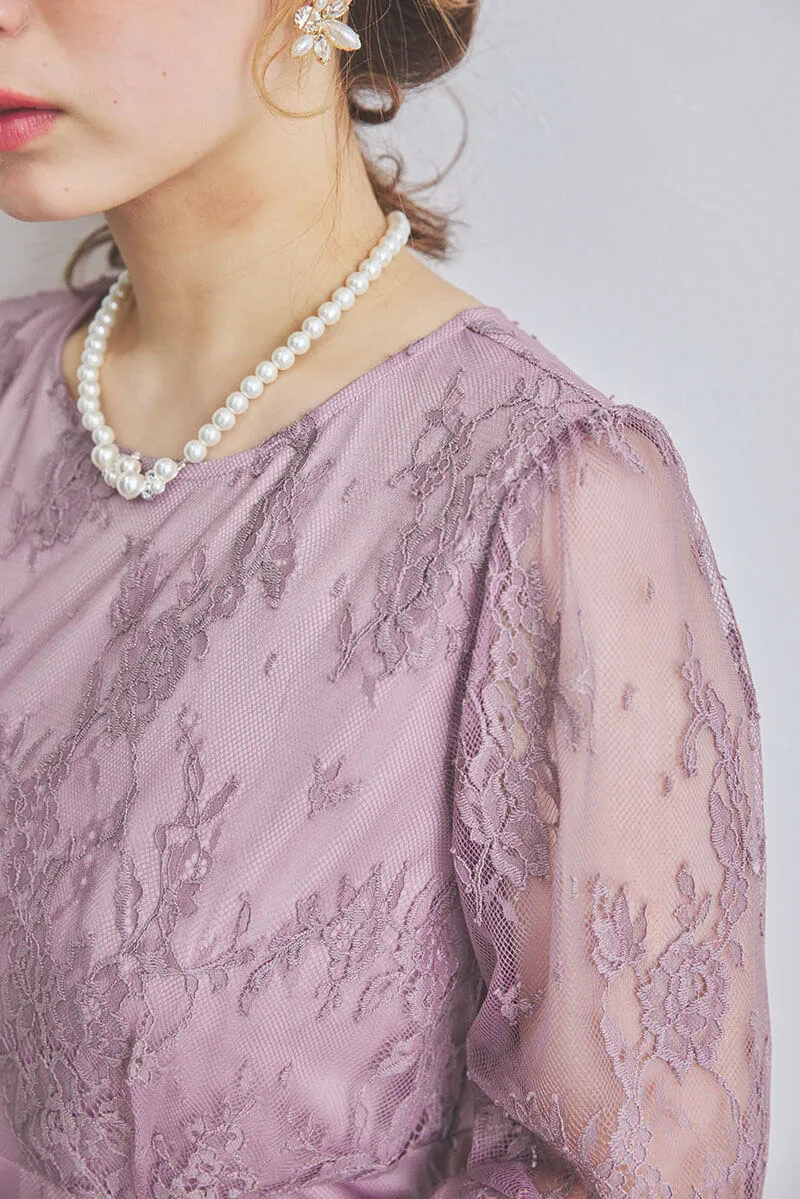 ピンクラベンダーのフローラルレースドレス