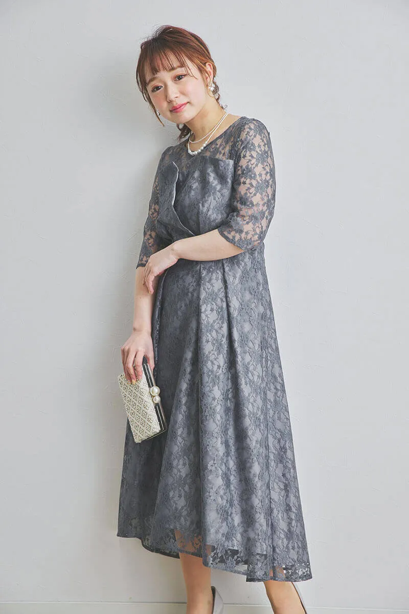 ブルーグレーの総レースフィッシュテールドレス