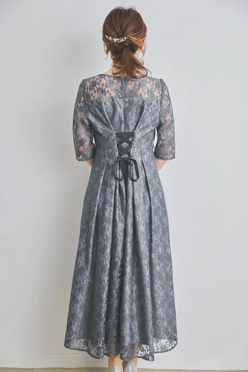 ブルーグレーの総レースフィッシュテールドレス