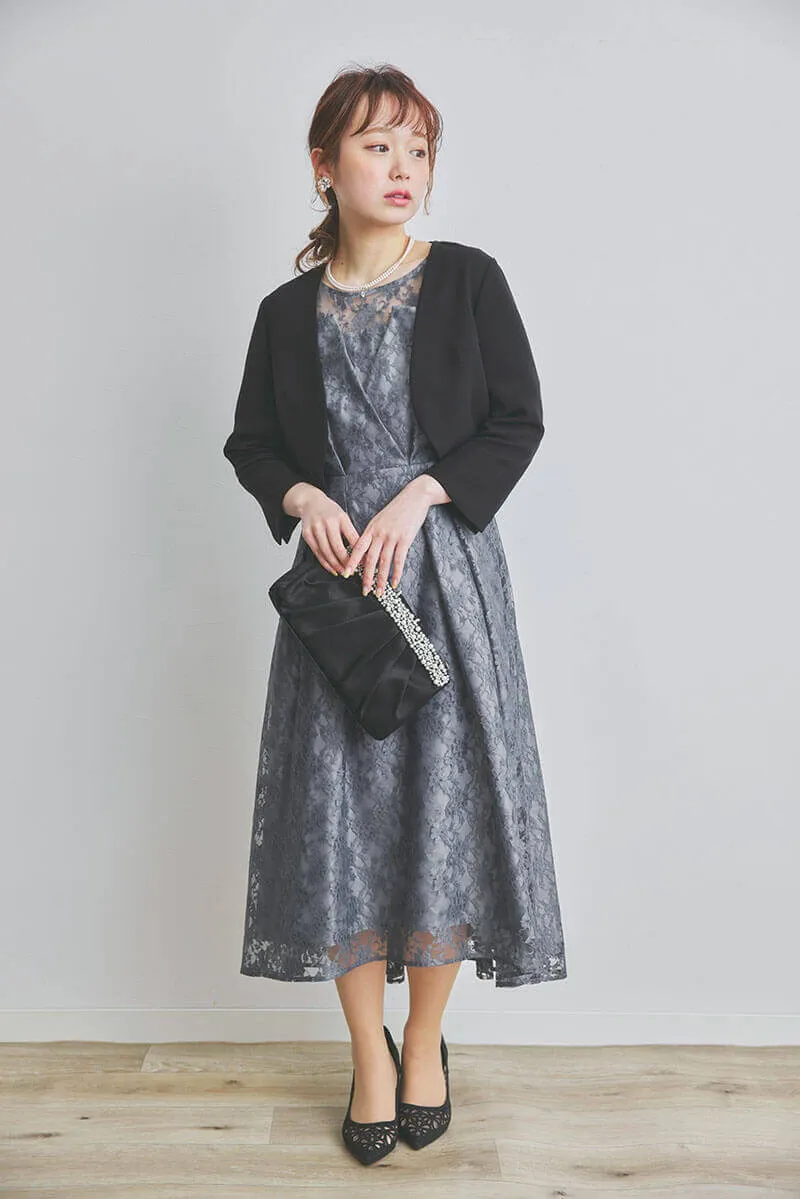 ブルーグレーの総レースフィッシュテールドレス