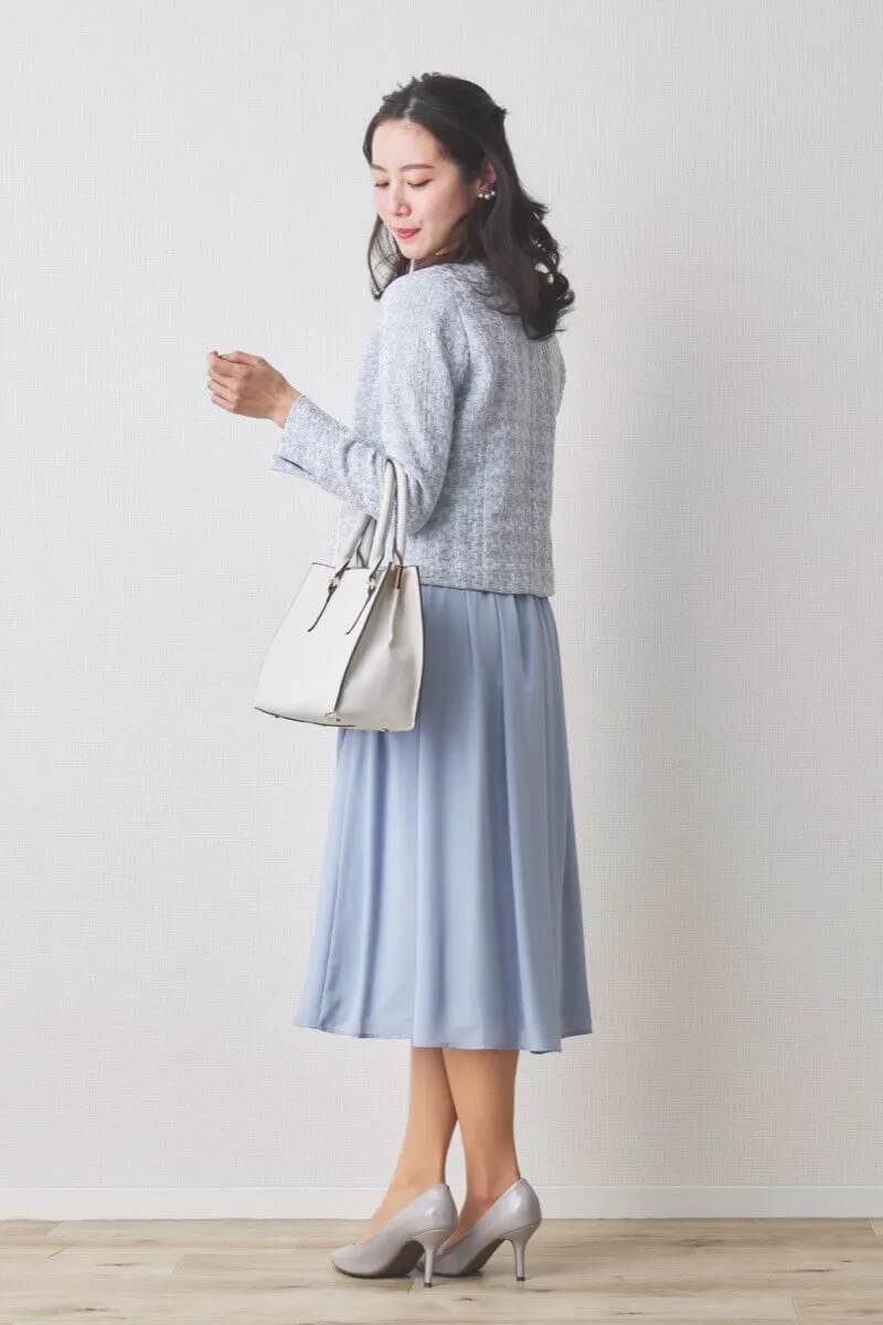 ブルーのツイードギャザーフレアセレモニースーツセット