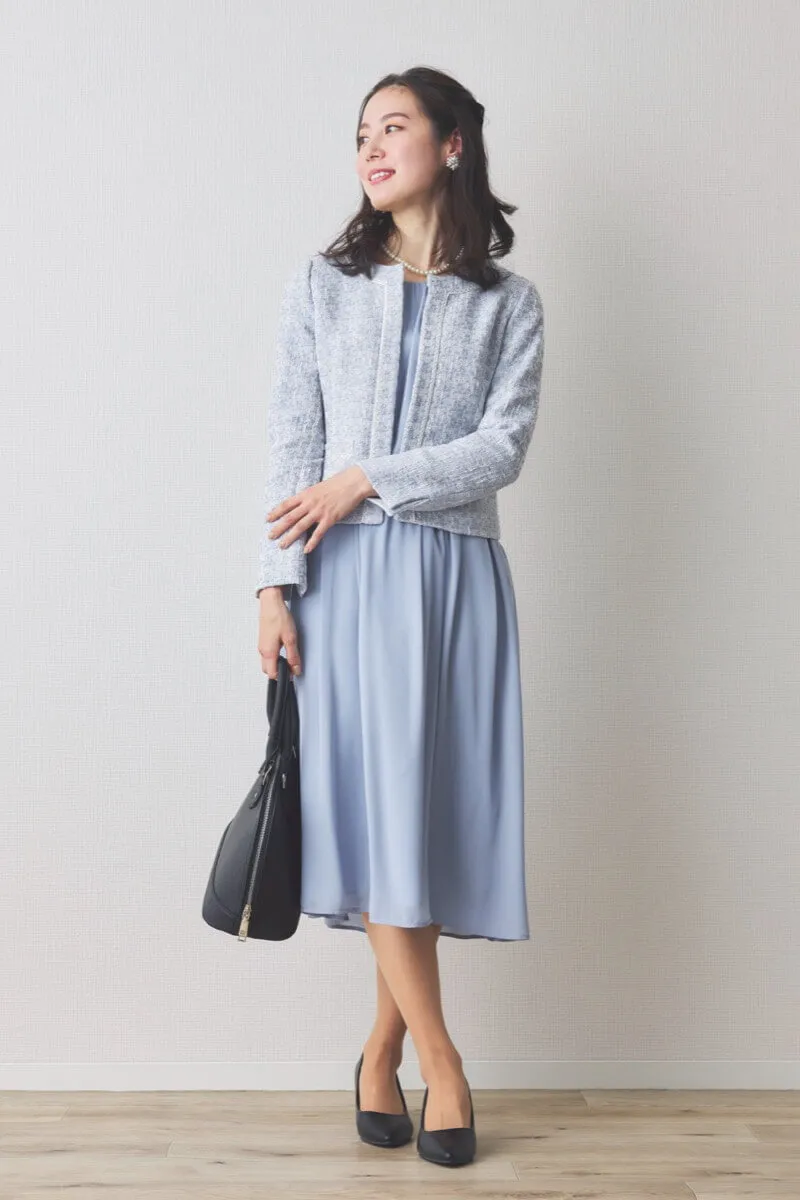 ブルーのツイードギャザーフレアセレモニースーツセット