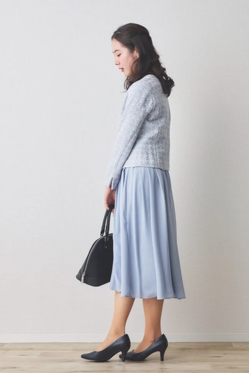 ブルーのツイードギャザーフレアセレモニースーツセット