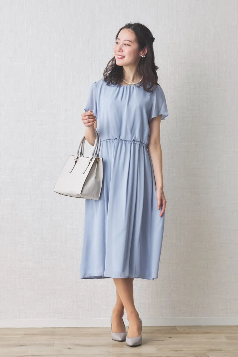 ブルーのツイードギャザーフレアセレモニースーツセット