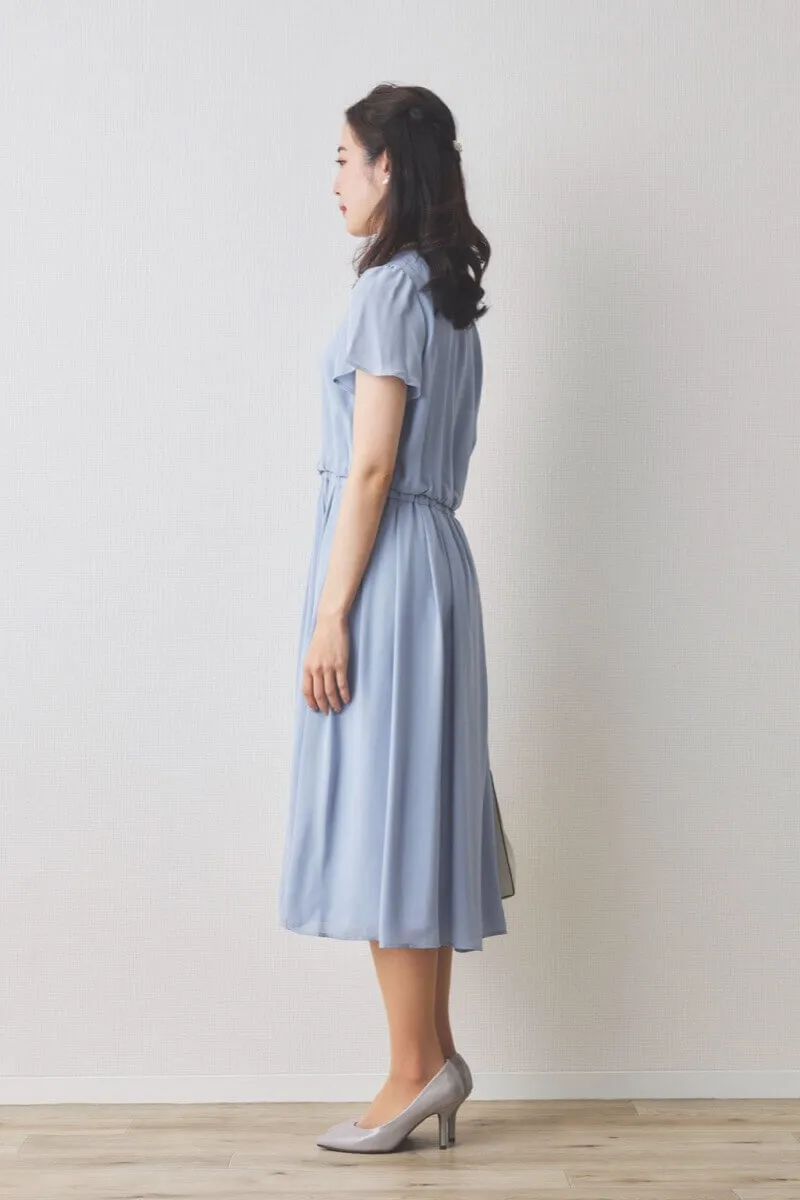 ブルーのツイードギャザーフレアセレモニースーツセット