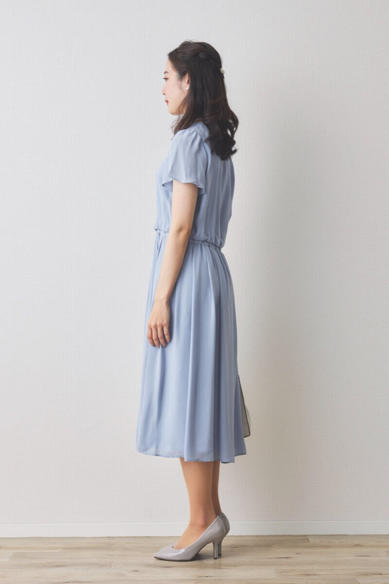 ブルーのツイードギャザーフレアセレモニースーツセット