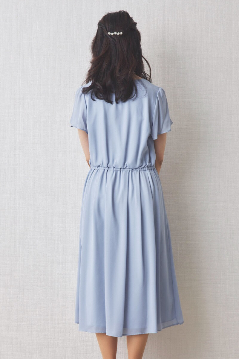 ブルーのツイードギャザーフレアセレモニースーツセット