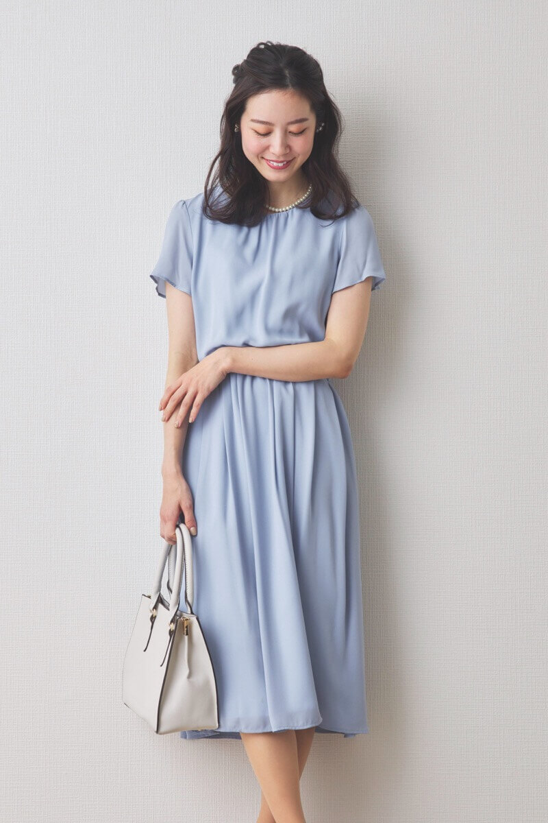 ブルーのツイードギャザーフレアセレモニースーツセット