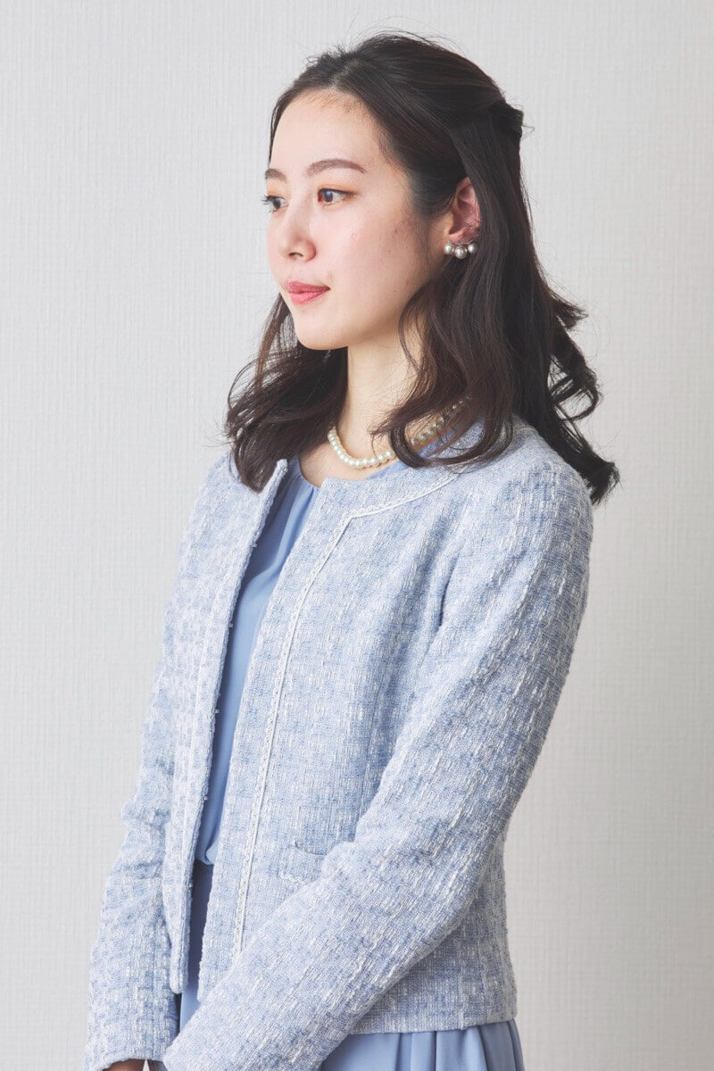 ブルーのツイードギャザーフレアセレモニースーツセット