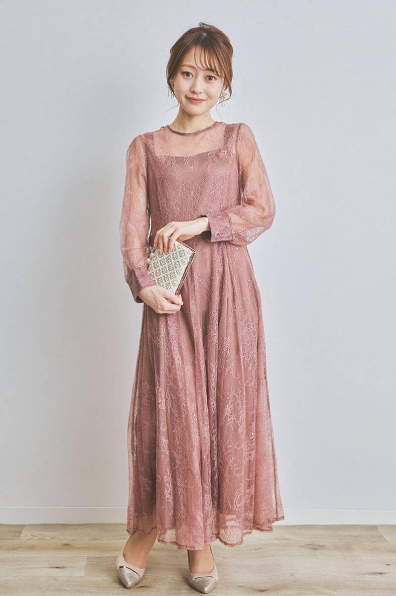 オールドローズのロングレースガウンドレス