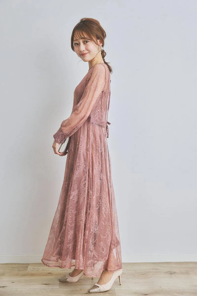 オールドローズのロングレースガウンドレス