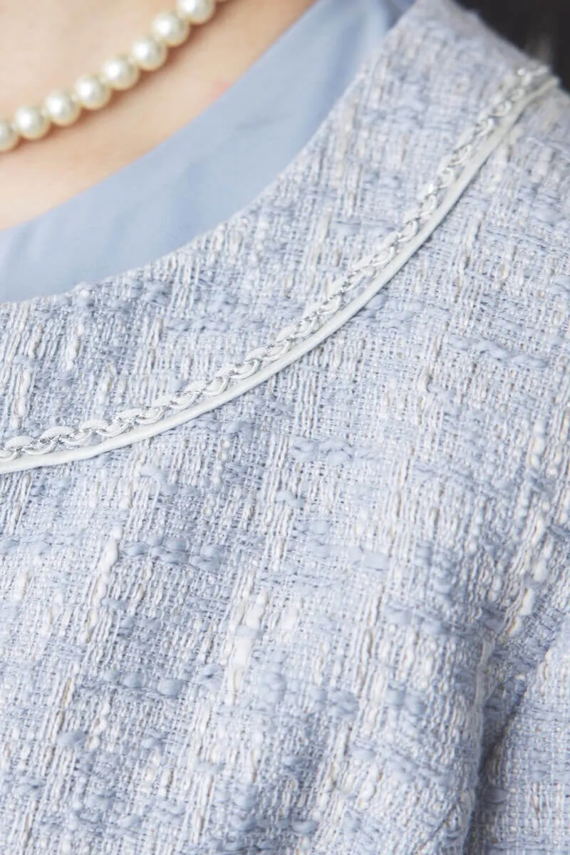 ブルーのツイードギャザーフレアセレモニースーツセット