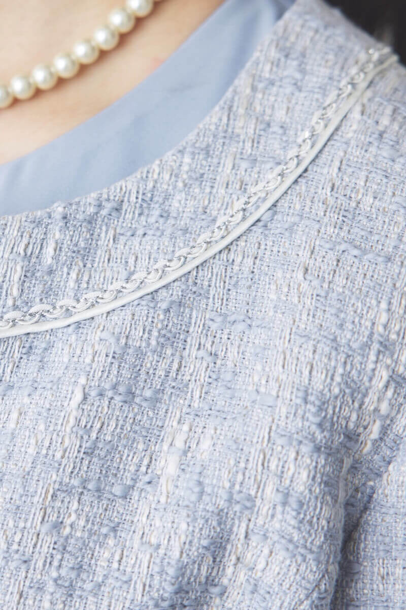 ブルーのツイードギャザーフレアセレモニースーツセット