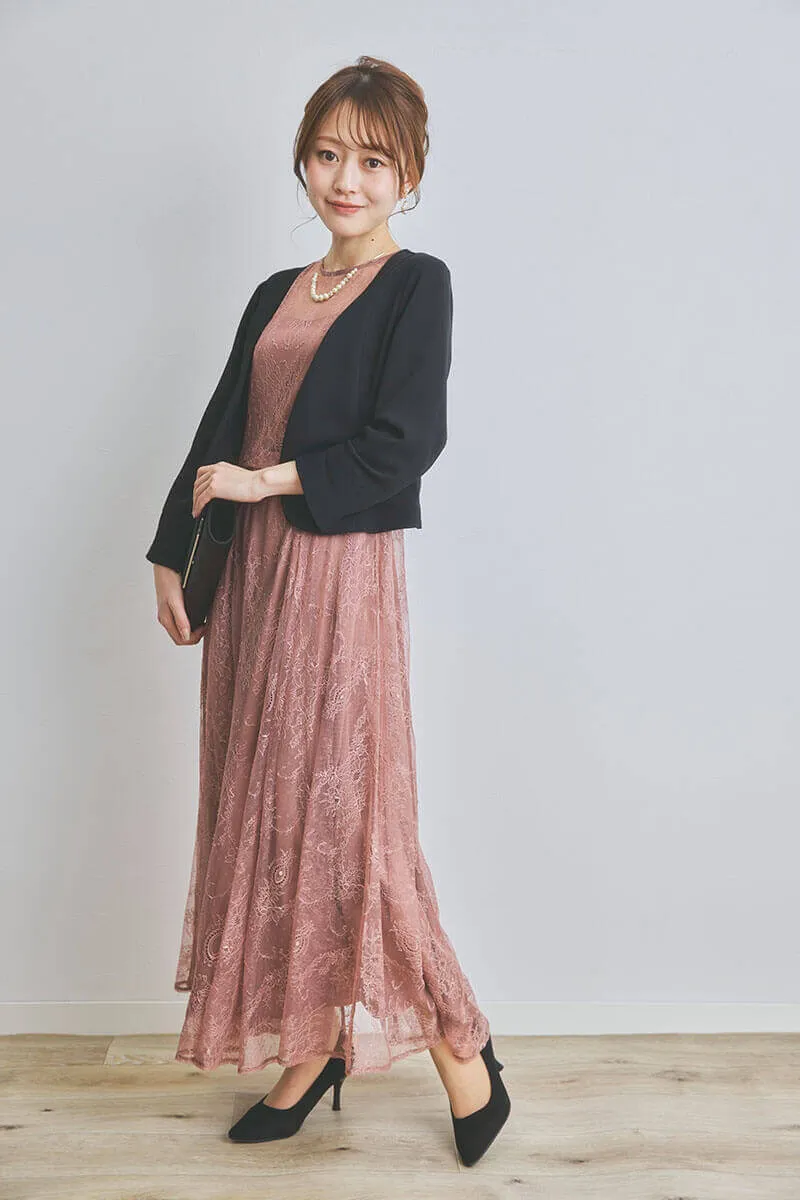 オールドローズのロングレースガウンドレス