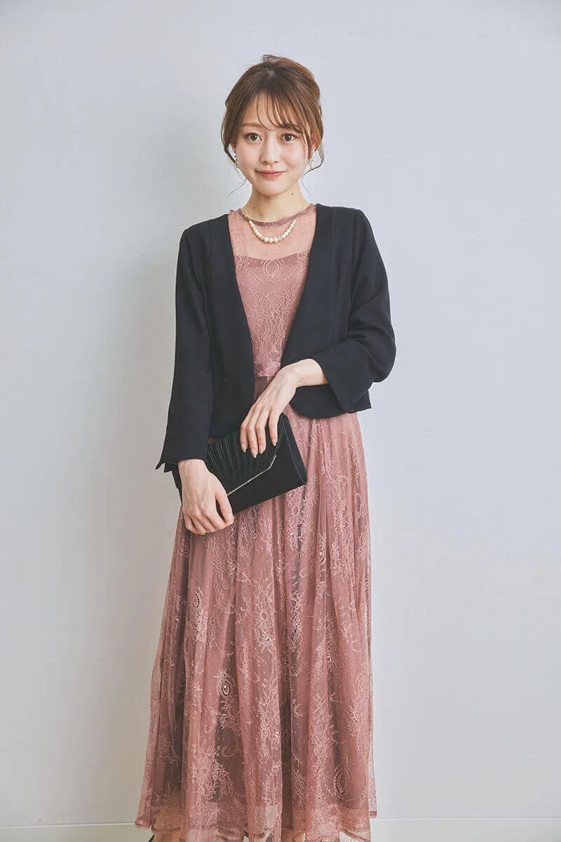 オールドローズのロングレースガウンドレス