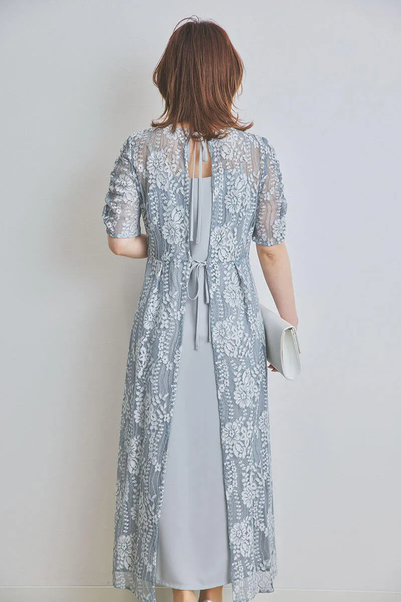 ミントグレーの配色レースエプロンドレス