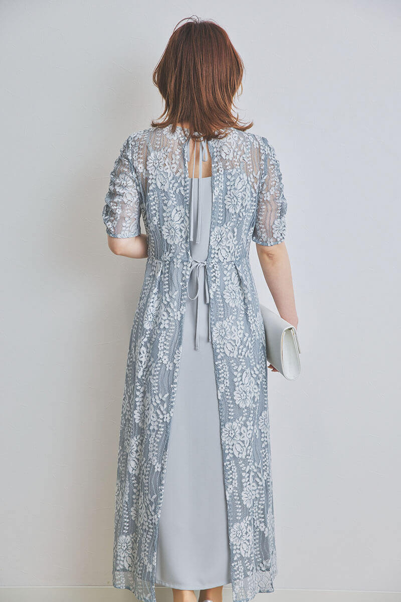 ミントグレーの配色レースエプロンドレス