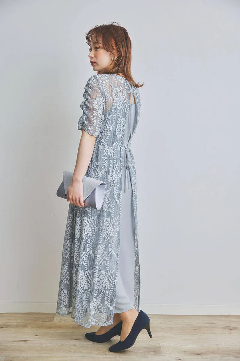 ミントグレーの配色レースエプロンドレス