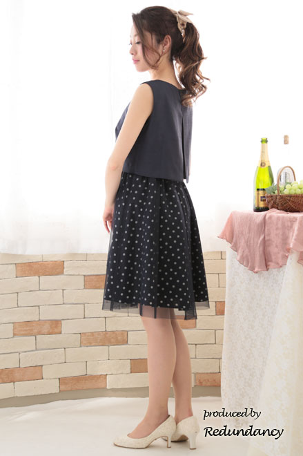 ネイビー×ブルーのドットチュールスカートドレス