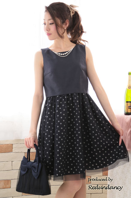 ネイビー×ブルーのドットチュールスカートドレス