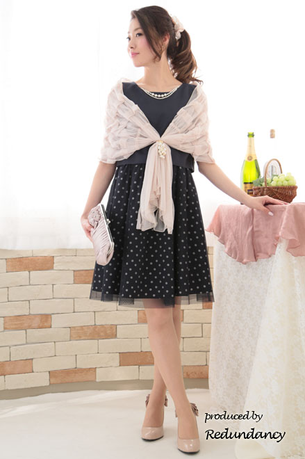 ネイビー×ブルーのドットチュールスカートドレス