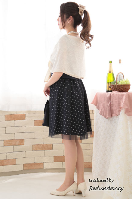 ネイビー×ブルーのドットチュールスカートドレス