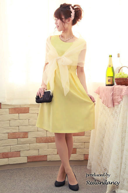 レモンイエローのウエストリボンフレアドレス