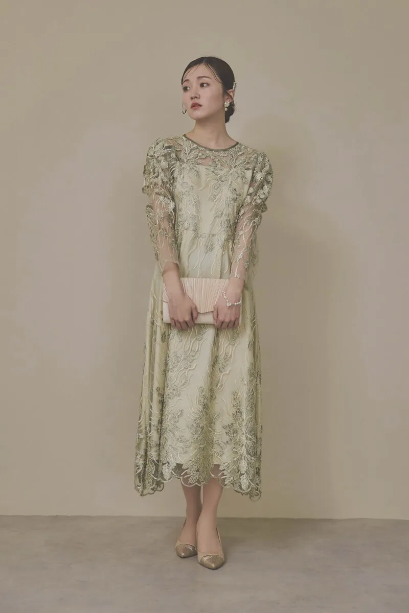 カーキのボリュームスリーブ刺繍ドレス Select Shop