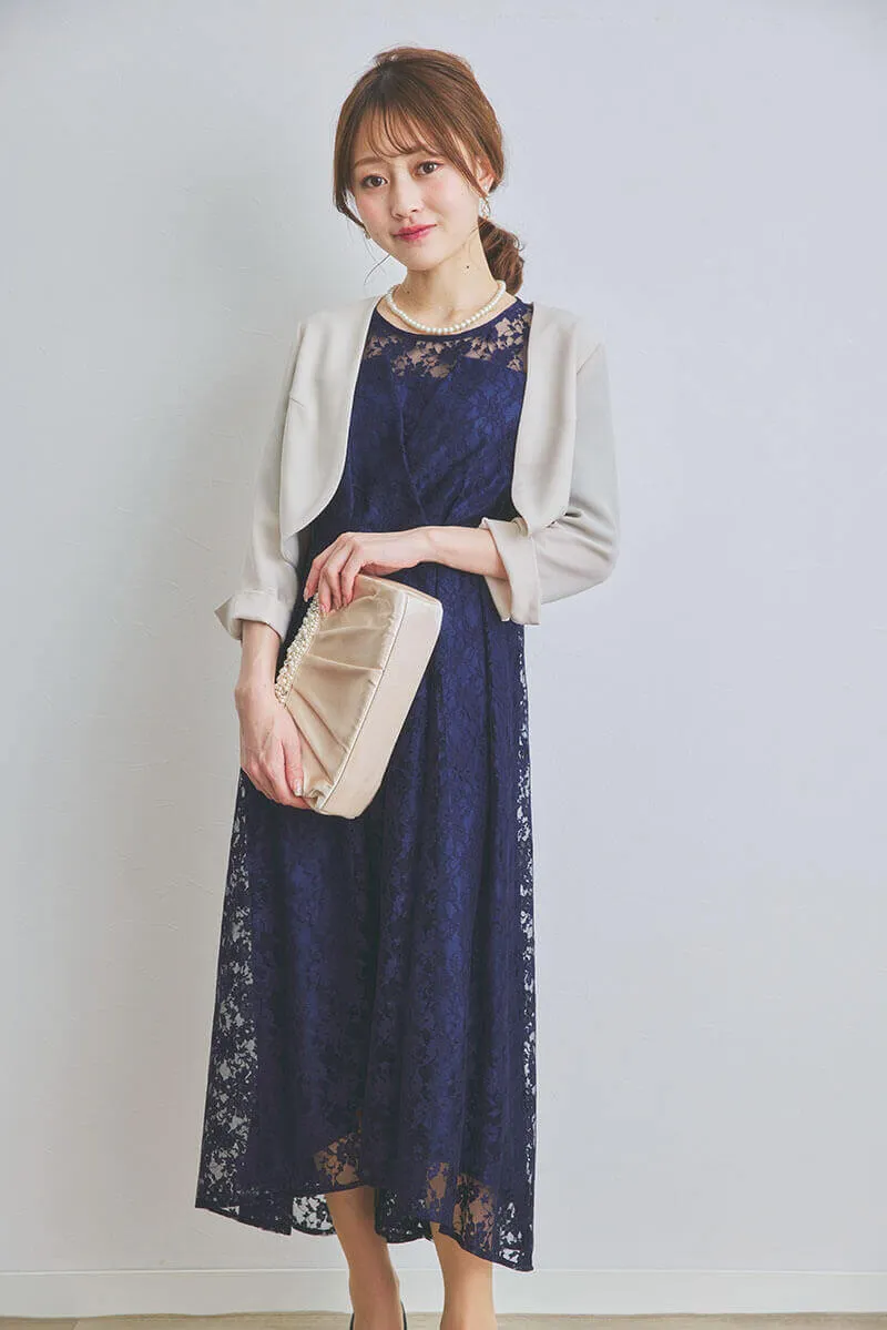 ネイビーの総レースフィッシュテールドレス