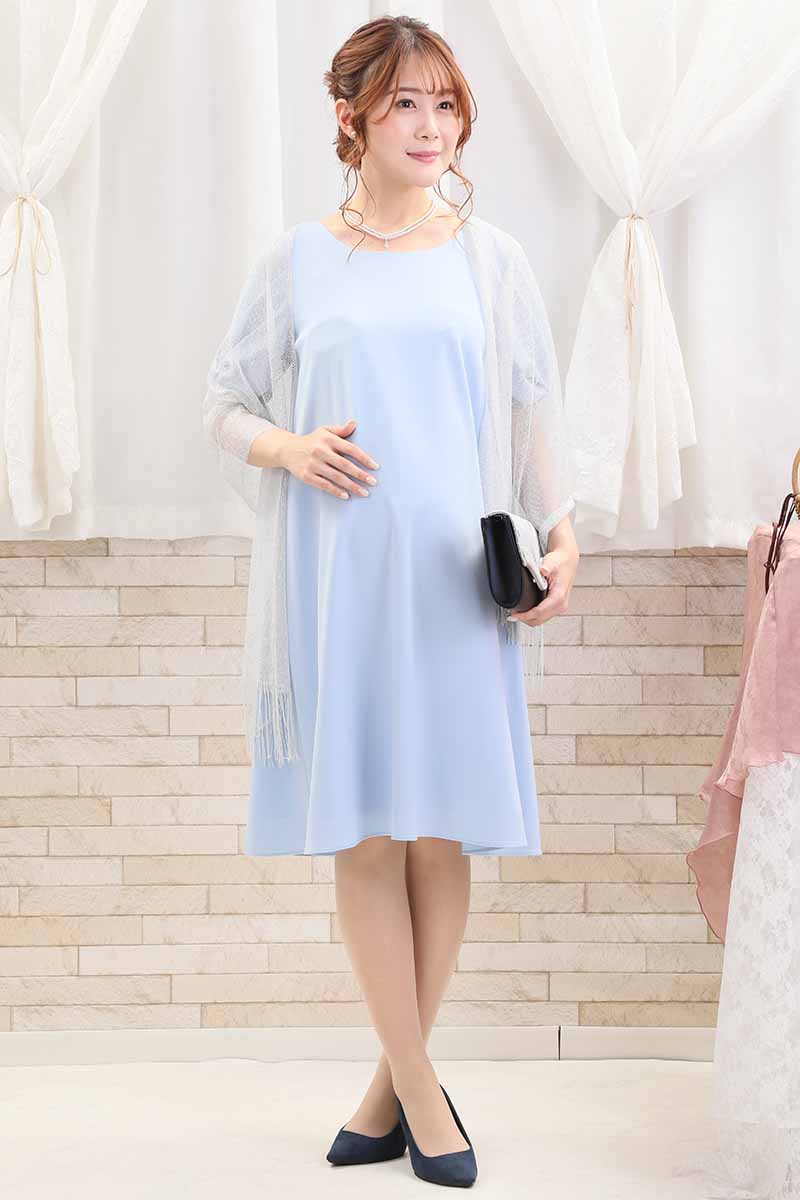 パステルブルーのリボン風スリーブドレス