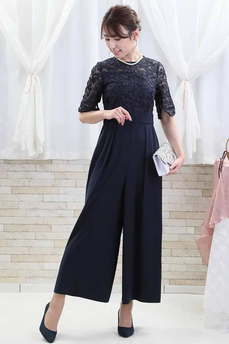 ネイビーのトップスレースオールインワンパンツドレス