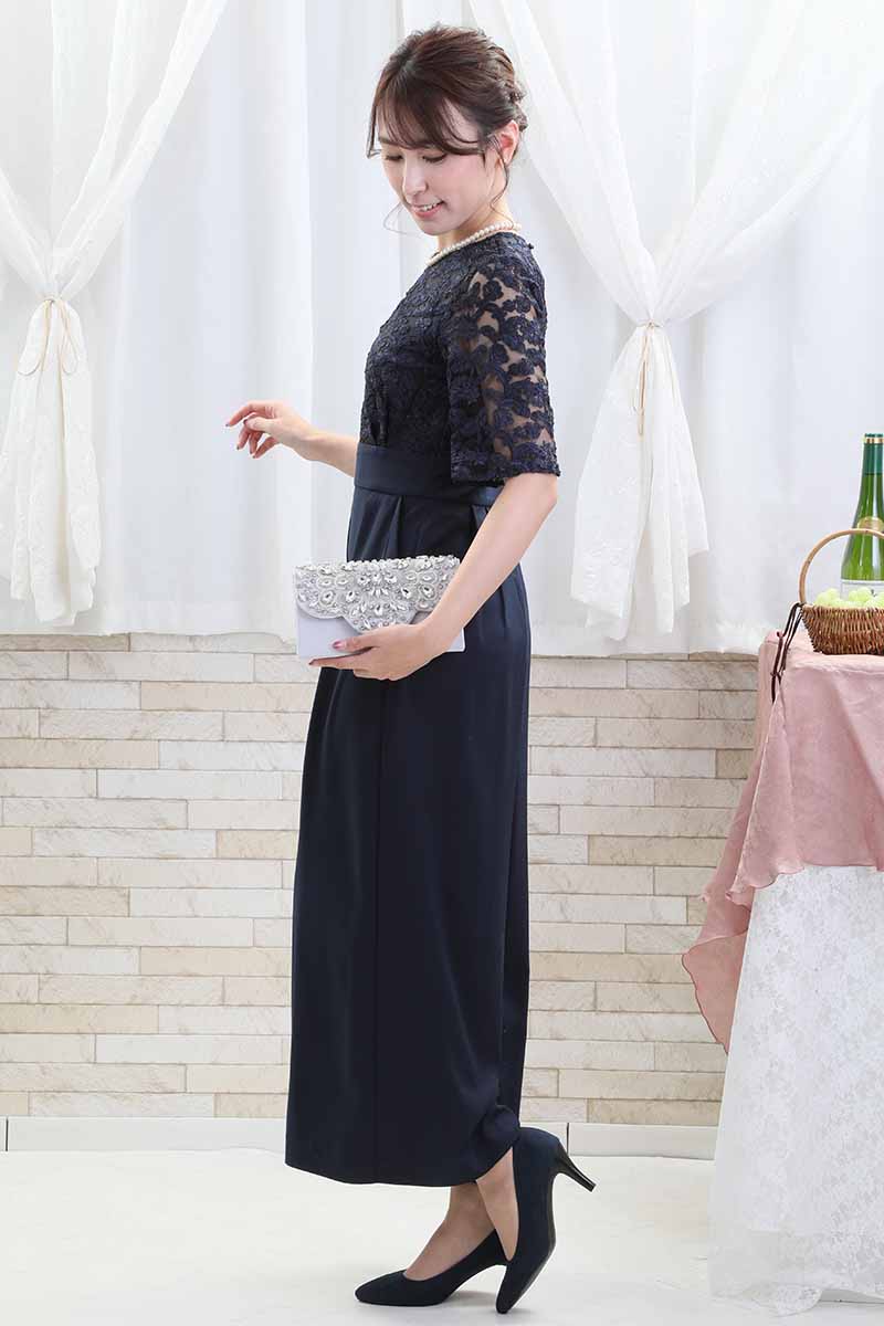 ネイビーのトップスレースオールインワンパンツドレス