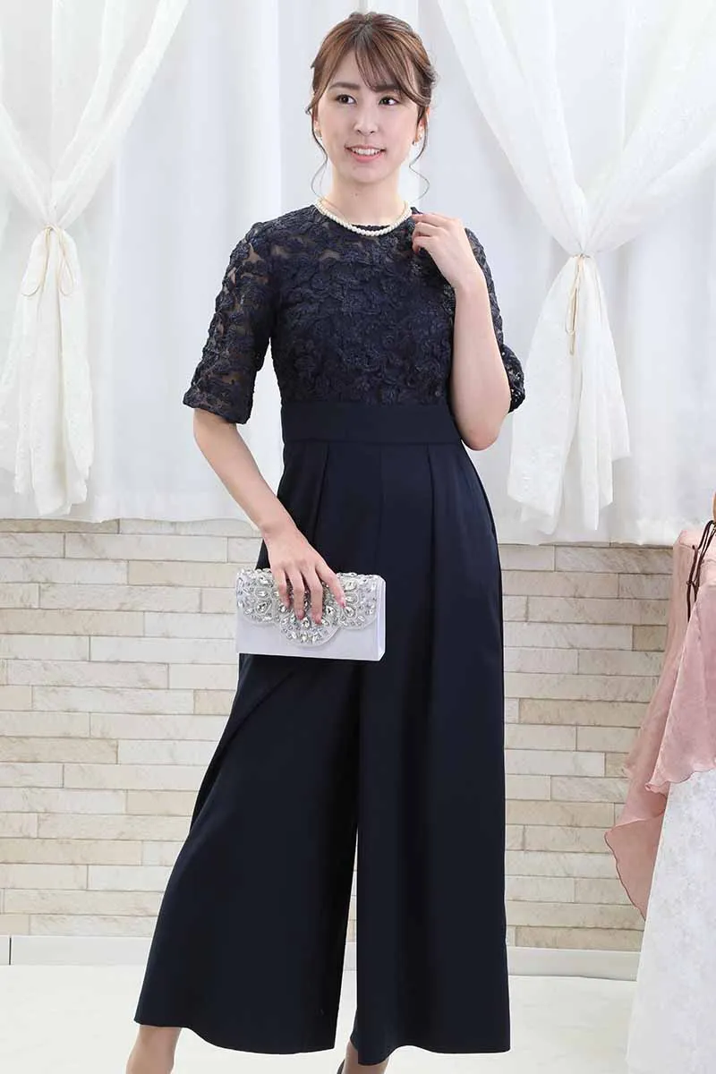 ネイビーのトップスレースオールインワンパンツドレス