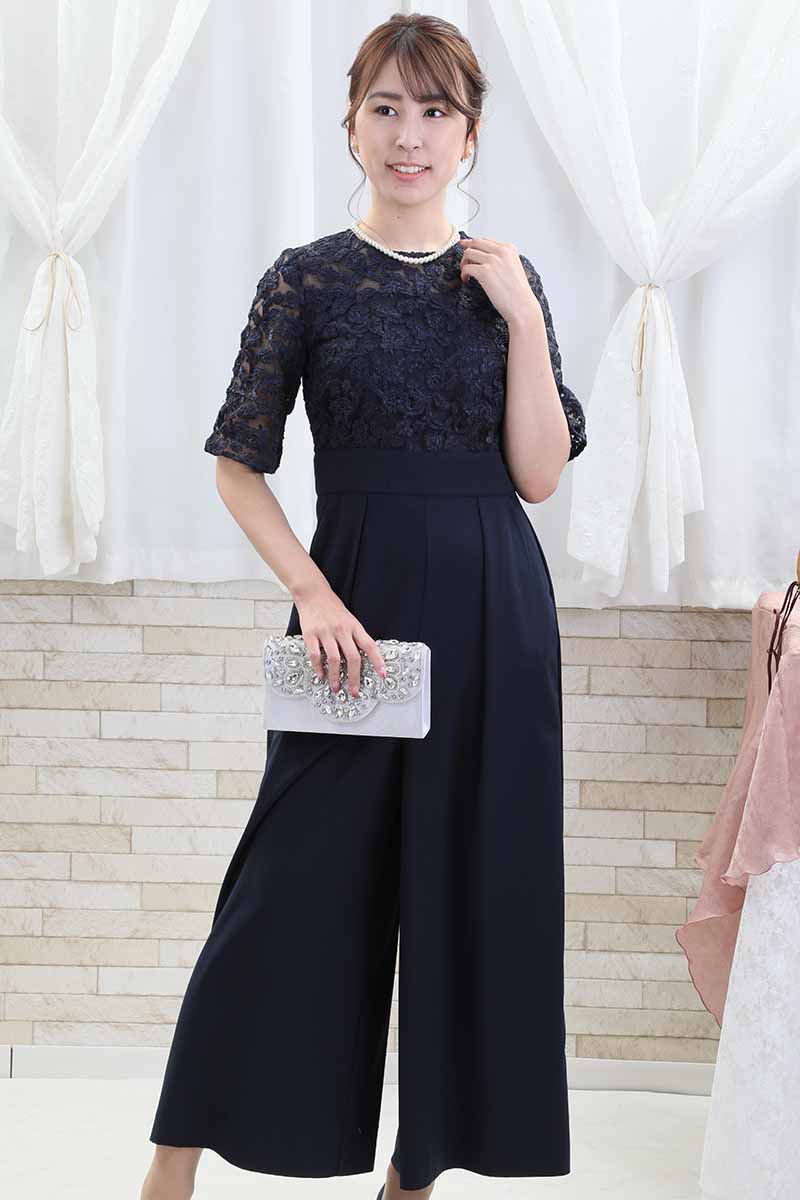 ネイビーのトップスレースオールインワンパンツドレス