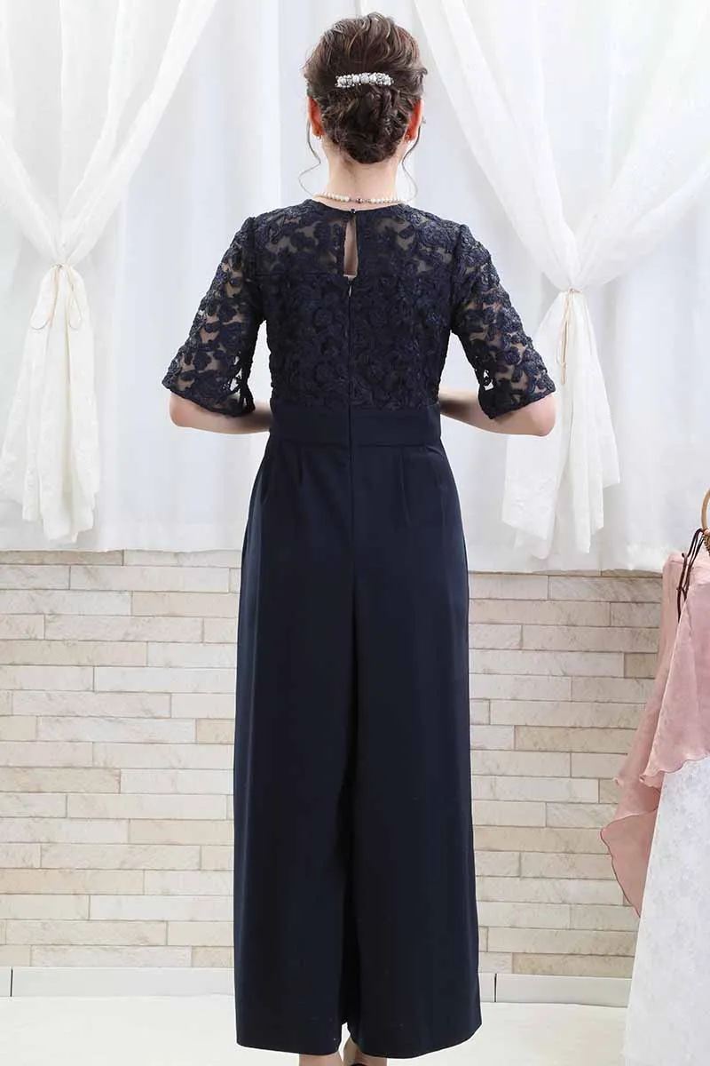 ネイビーのトップスレースオールインワンパンツドレス