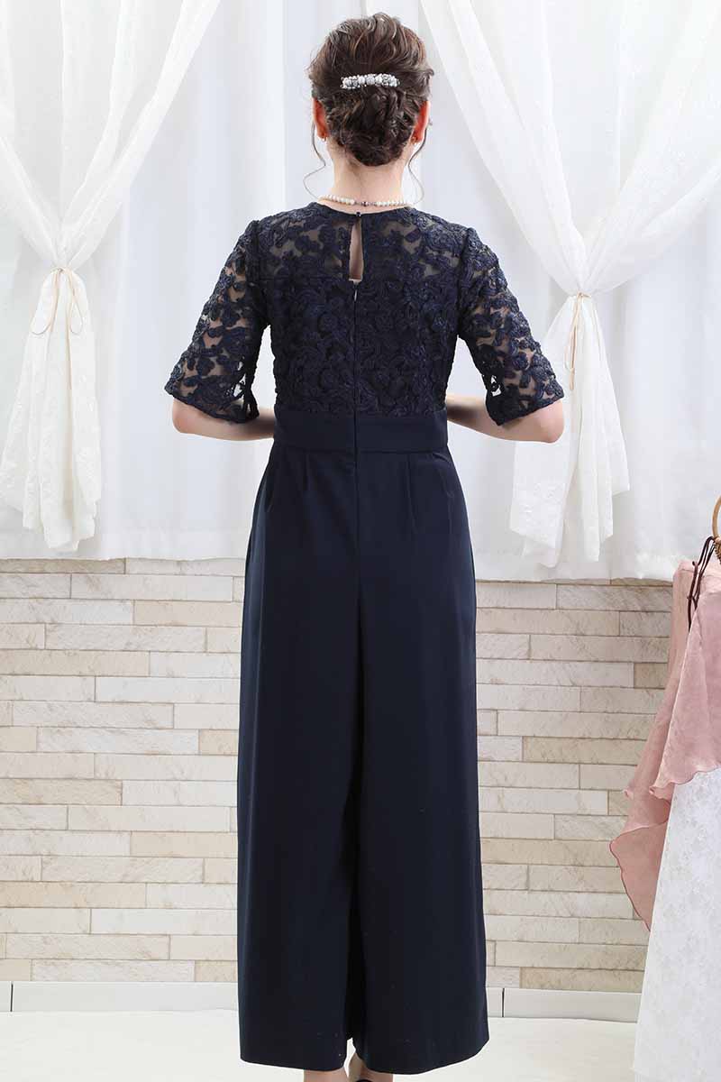 ネイビーのトップスレースオールインワンパンツドレス