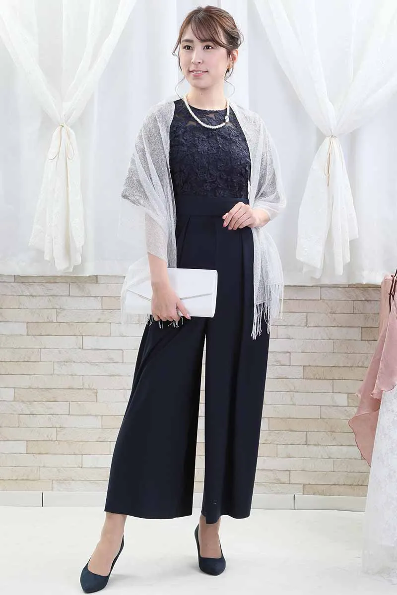 ネイビーのトップスレースオールインワンパンツドレス