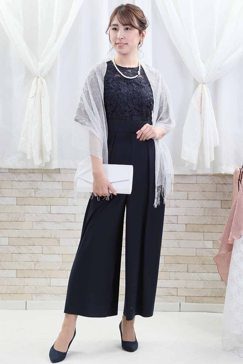 ネイビーのトップスレースオールインワンパンツドレス