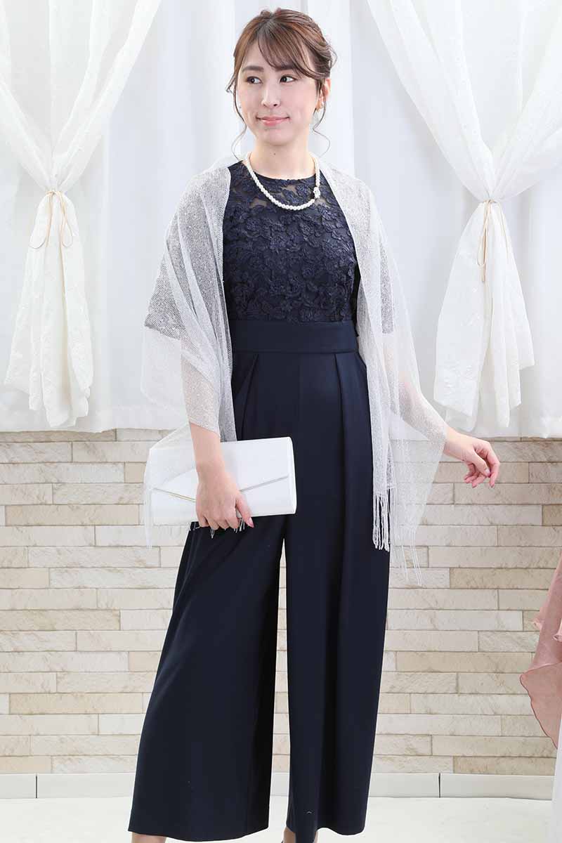 ネイビーのトップスレースオールインワンパンツドレス