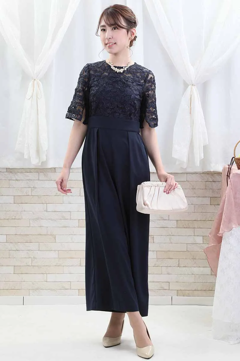 ネイビーのトップスレースオールインワンパンツドレス