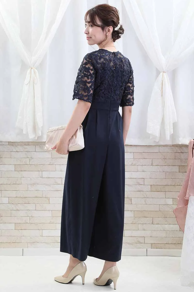 ネイビーのトップスレースオールインワンパンツドレス