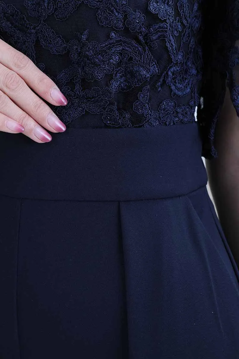 ネイビーのトップスレースオールインワンパンツドレス