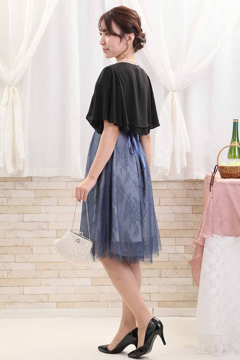 ブルーのパフスリーブ花柄レースドレス
