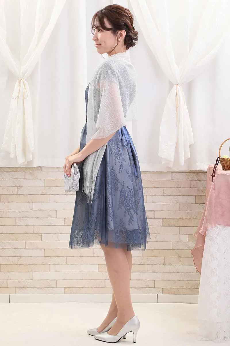 ブルーのパフスリーブ花柄レースドレス