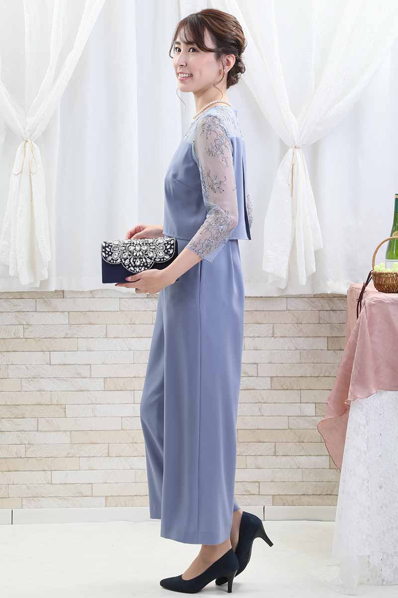 ブルーのデコルテレーススリーブパンツドレス